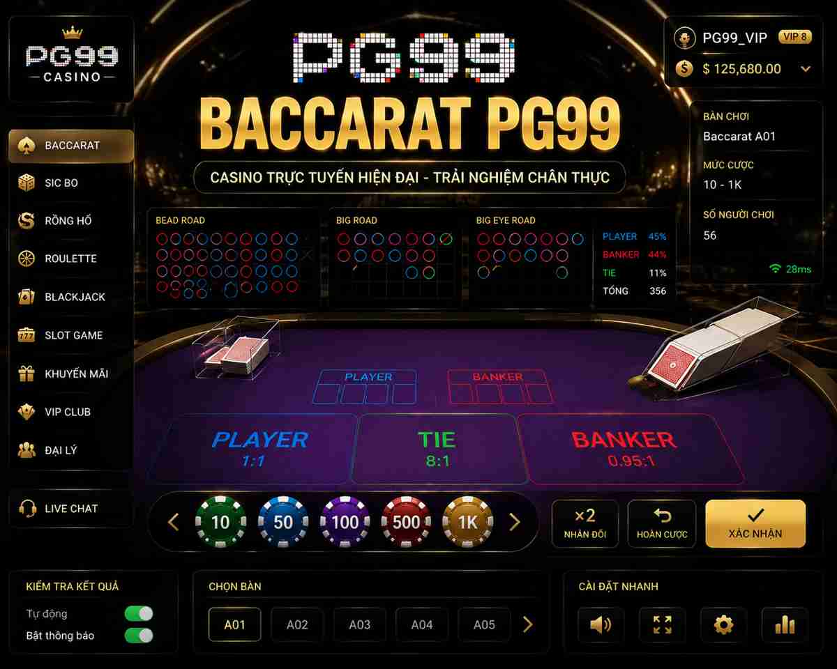 Baccarat PG99 với giao diện casino trực tuyến hiện đại và chân thực